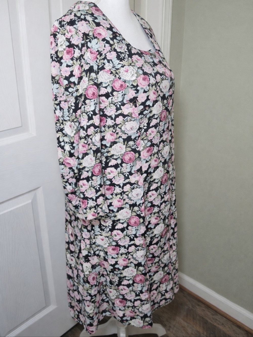 Vintage 90s D.B.Y Floral Midi Dress Black Pink Roses Square Neck Cottagecore Rom - Picture 5 of 10